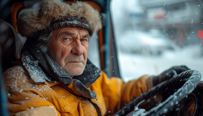 Elderly man in winter gear with a fur hat driving, his face showing experience and contemplation amidst falling snow.