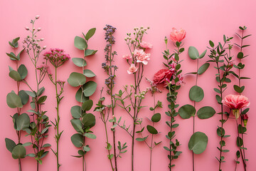 pink flowers leaves and eucalyptus on pink background - obrazy, fototapety, plakaty