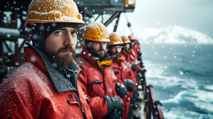 Group of brutal oil workers wearing in oil uniform and protective helmets at the oil platform under snow 