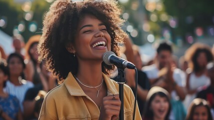 cheerful African American adult woman in casual outfit with microphone standing against audience during performance - Powered by Adobe