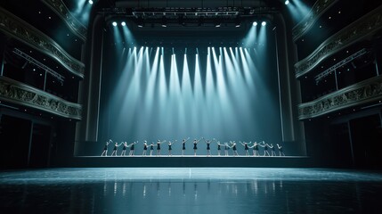 Ballet dancers practicing their routine on the stage of a deserted theater.