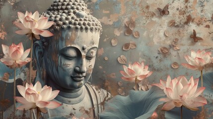 Serene Buddha amidst statue with water lotus garden background. AI generated image