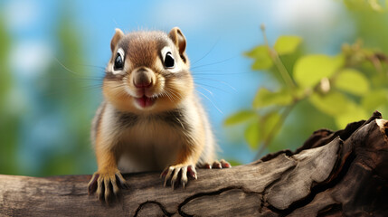 A small funny cheerful chipmunk of brown and white coloring with big eyes on a blue background. Close-up	
