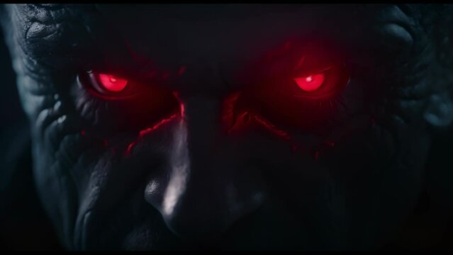 Portrait of a crazy villain with red eyes on a futuristic background. The face of an angry man is furious.