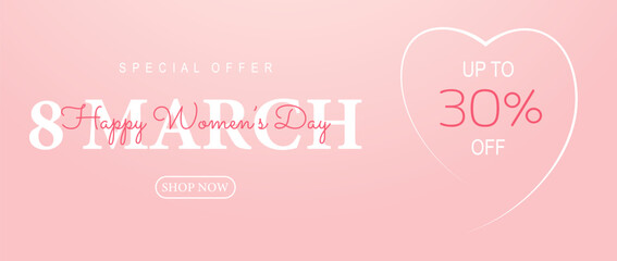Poster or banner with Women's day. 8 March. Special offer 30% discount. Background for sale with hanging hearts. Happy Women's day header or voucher template with hanging hearts.