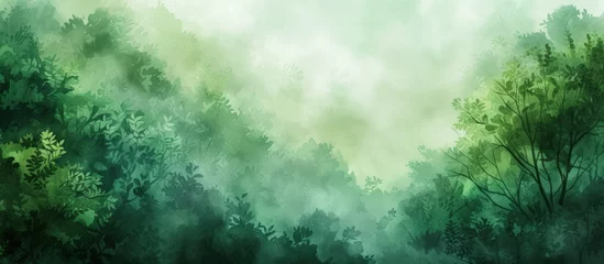 Foto op Canvas Illustration watercolor of green foggy rainforest landscape background. AI generated © MUCHIB