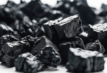 Black coal chunks isolated on white background - obrazy, fototapety, plakaty