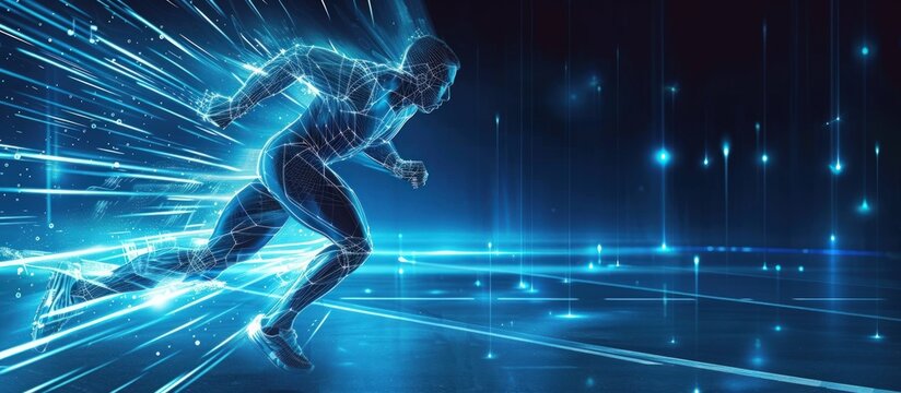 Human running man athlete with digital wireframe neon light background. AI generated image