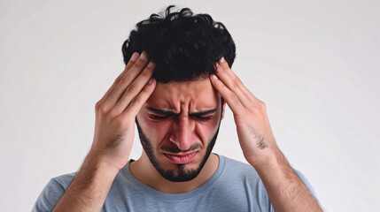 arabic man with a headache holding his head in pain