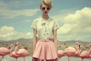 Fotobehang Pretty girl in pink skirt posing with flamingo birds © Androlia