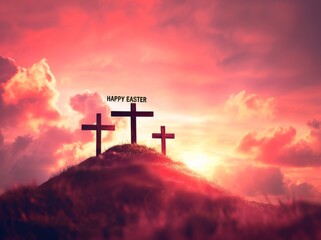HAPPY EASTER three crosses on top of a hill with red sky and clouds Generative AI - obrazy, fototapety, plakaty