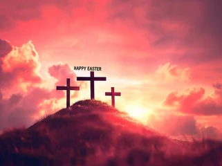 Fotobehang HAPPY EASTER three crosses on top of a hill with red sky and clouds Generative AI © SKIMP Art