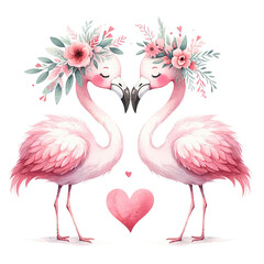 Twin Flamingos in Love with Floral Decor Watercolor