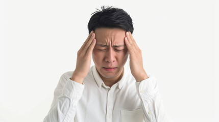 asian man with a headache holding his head in pain