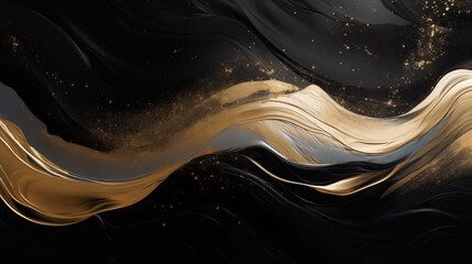 Czarna bogato zdobiona złotem tapeta - tło. Farba olejna na płótnie - abstrakcyjna sztuka...