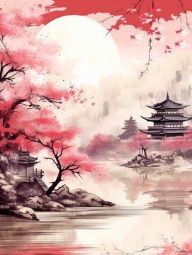 Wallpaper landscape chinese painting style . Asian traditional culture illustration drawing. 