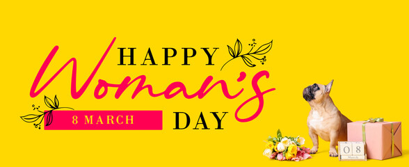 Greeting banner for Women's Day with cute dog, flowers, calendar and gift