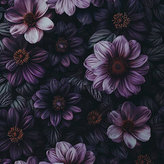 purple and black flowers on a dark background in