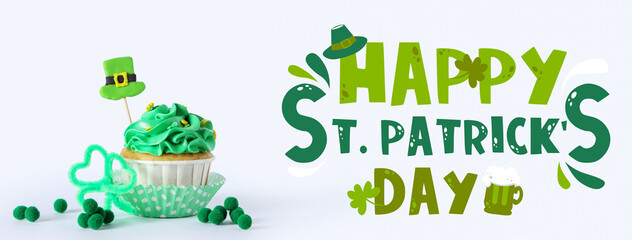 Festive banner for Happy St. Patrick's Day with cupcake