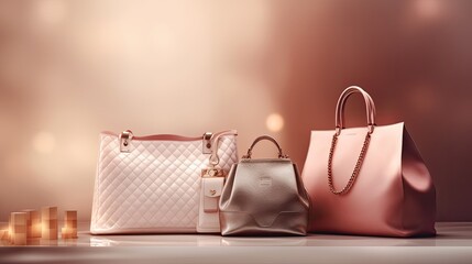 Assortment of high-end designer handbags on display with soft lighting - obrazy, fototapety, plakaty