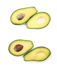 Halves of tasty ripe avocados on white background