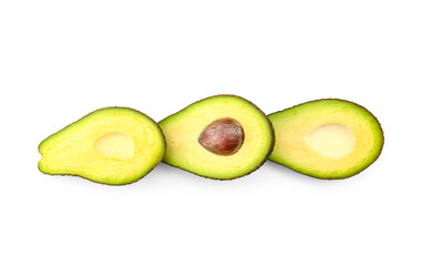 Halves of tasty ripe avocados on white background