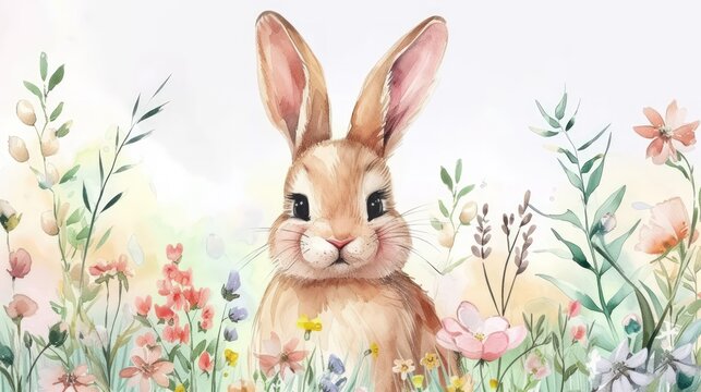 Cool bunny rabbit easter with plant with watercolor style. AI generated image