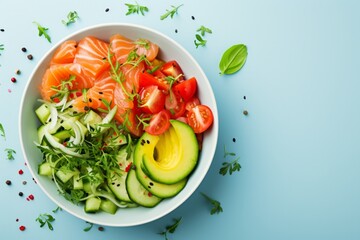 Vibrant, Nutritious Lunch Bowl Featuring Salted Salmon Salad On A Pale Blue Backdrop - obrazy, fototapety, plakaty
