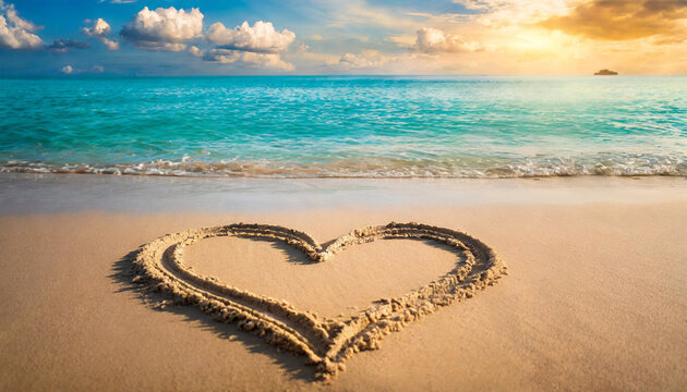 Heart drawn in sand on sunny beach, perfect for travel ads. Space for captions