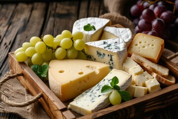 Sunlit Delight: Display Of Assorted Cheeses On A Rustic Wooden Tray, With Grapes As Perfect Companions.