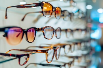 Detailed Look At A Showcase Filled With Fashionable Prescription Glasses - obrazy, fototapety, plakaty