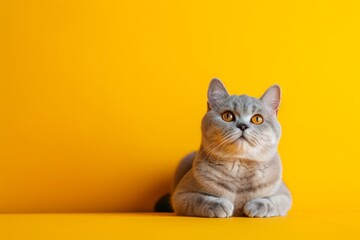 Stunning British Shorthair Cat Showcased Against Vibrant Yellow Background, Perfect For Text Incorporation