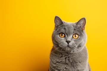 British Shorthair Cat Posing On Vibrant Yellow Background, Great For Text - obrazy, fototapety, plakaty