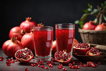 Two glasses of delicious pomegranate juice next to fresh juicy pomegranates on a dark background.