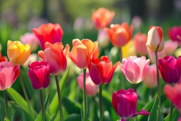 Obraz premium Radiant Spring Garden: Vibrant Tulips Swaying In The Breeze