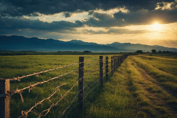 Fototapeta na wymiar Barbed wire fence at dawn, grass field, pasture.