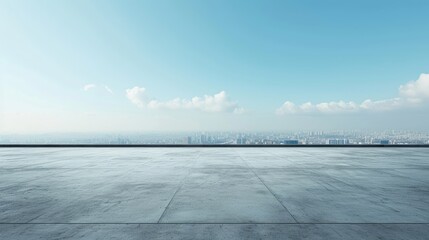 Concrete floor or slab, concept of car sale, auto, automobile, automotive  empty space or area in showroom, shop or store. Background design with blue sky and urban city for product display 