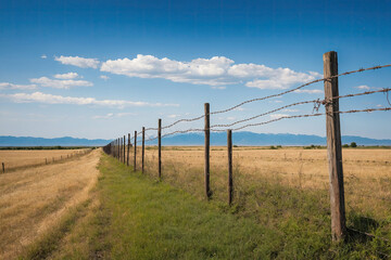Obraz premium A barbed wire fence in a pasture in Kansas.