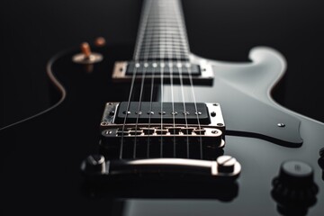 Fototapeta na wymiar Closeup Of Sleek, Black Czaran Electric Guitar On Black Background