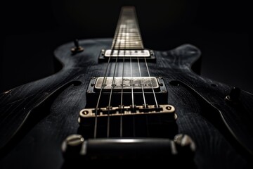 Fototapeta na wymiar Intense Focus On Stylish, Black Czaran Electric Guitar Against Dark Background
