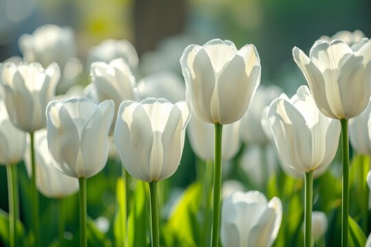 Closeup Of Beautiful White Tulips In Full Bloom