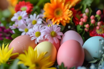 Fototapeta na wymiar Vibrant Easter Eggs Surrounded By Fresh Floral Arrangement