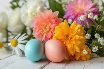Obraz na płótnie Canvas Vibrant Easter Egg Display Amidst A Bouquet Of Fresh Flowers