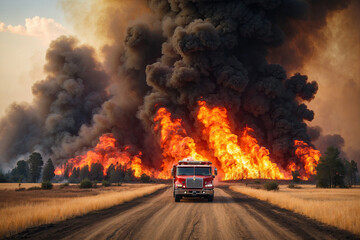 Terrible wild huge fire on the horizon and a fire truck. Fire truck against a background of flames and smoke. Heavy fire.
