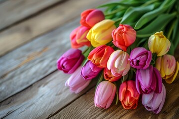 Colorful Tulips Arranged In Vibrant Bouquet On Rustic Wooden Table