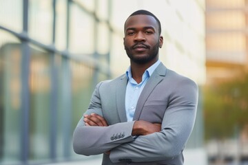 Confident African American Businessman Stands Outside, Arms Crossed, Exuding Professionalism