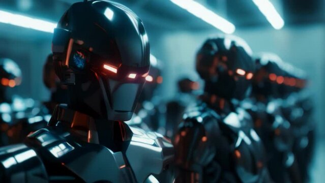 Combat robot in military metal armor. Futuristic cyborg security guard. Technology, robotics, artificial intelligence and future concept.