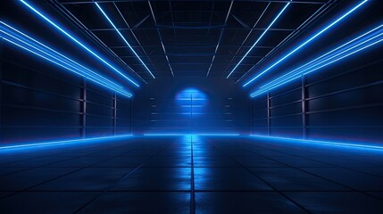 Dark garage background, perspective view of warehouse in with led neon blue lighting. Modern design of large empty room, abstract space interior. Concept of show, industry, studio - obrazy, fototapety, plakaty