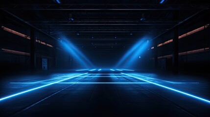 Dark garage background, perspective view of warehouse in with led neon blue lighting. Modern design of large empty room, abstract space interior. Concept of show, industry, studio