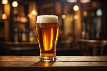 A glass of beer on the bar counter. 